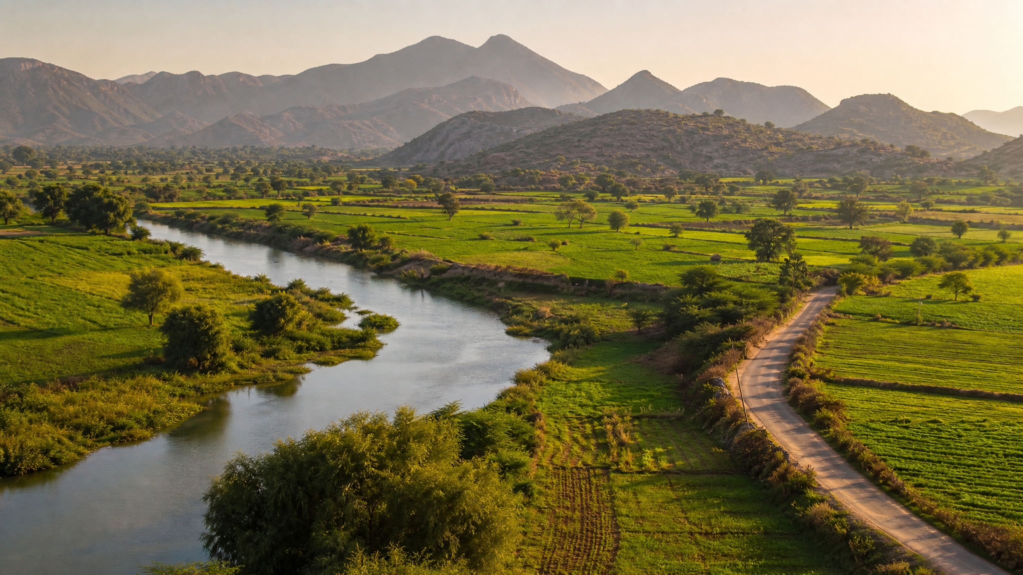 AI generated countryside and riverbank scene inspired by Baran district in Rajasthan