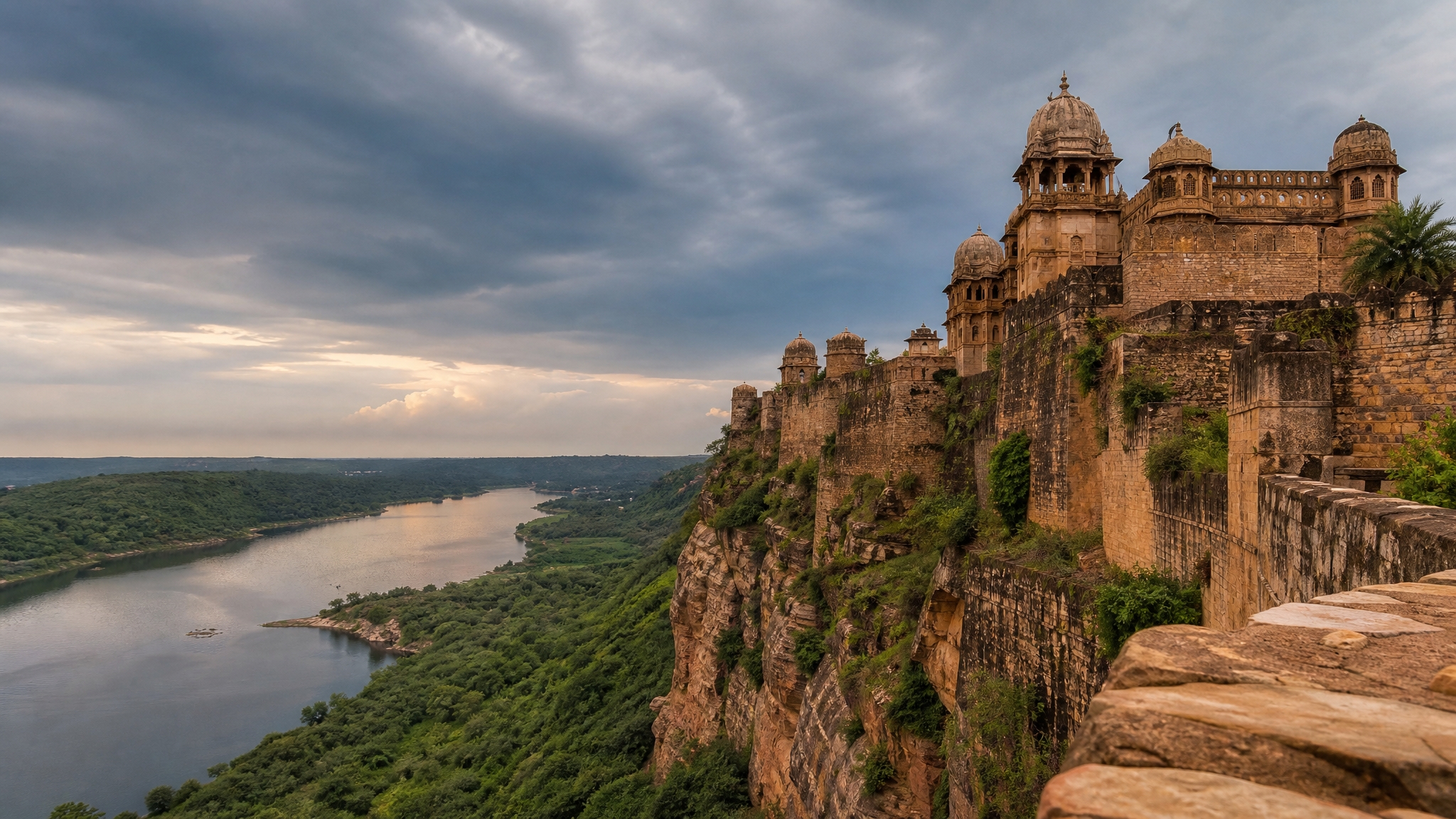 AI generated fort and river landscape inspired by Shergarh Fort in Baran district Rajasthan